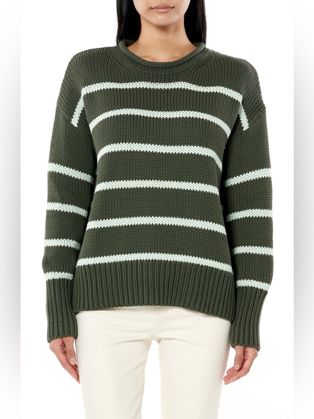 La Ligne Marin Stripe Cotton Sweater Green Cotton Chunky Knit Size Medium EUC